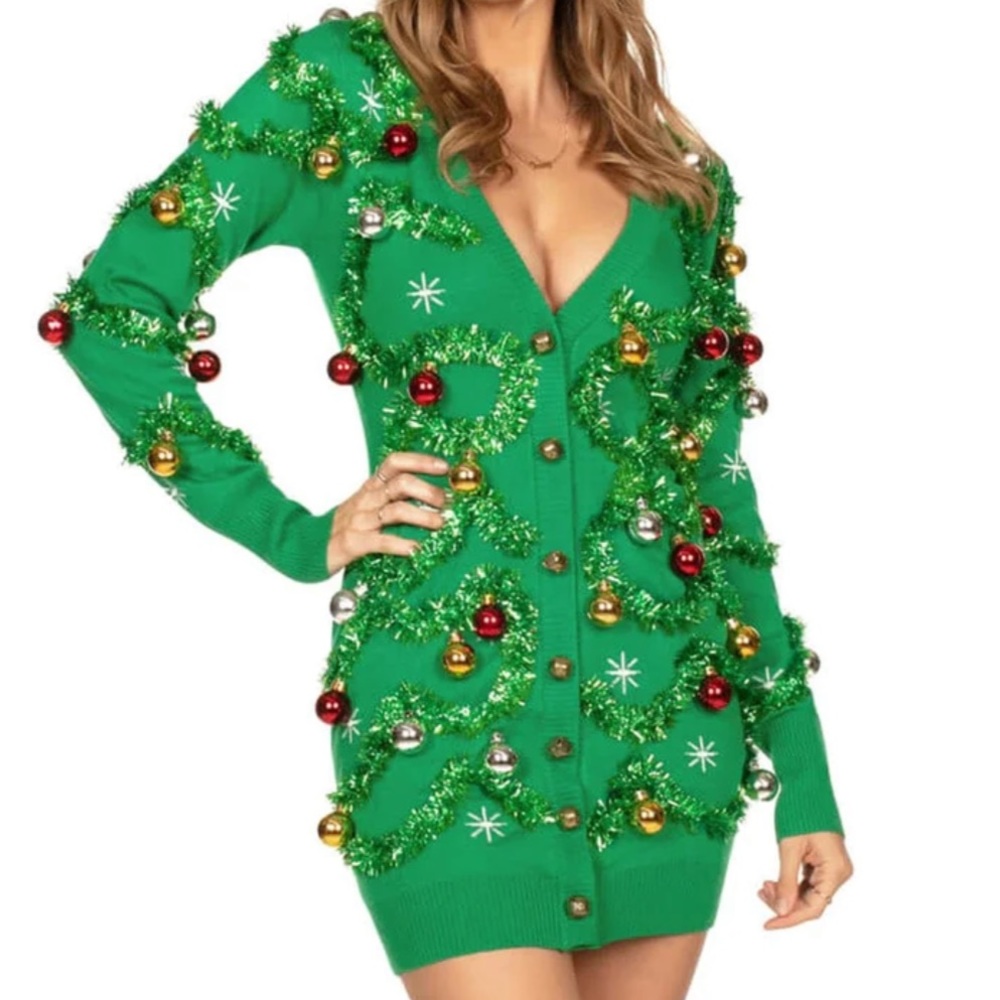 Brand New With Tags Tipsy Elves' Women's Gaudy Garland Cardigan Sweater Dress🎄